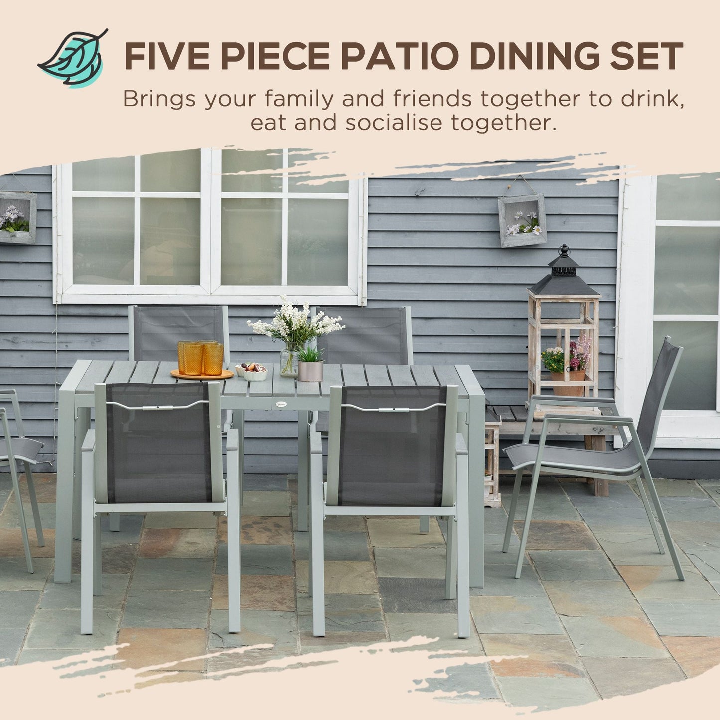 Outsunny 7 Pieces Garden Dining Set, Outdoor Table and 6 Armchairs, Aluminium Frame, Slatted Wood Grain Plastic Top Table, Breathable Mesh Fabric Seats and Backrest, Light Grey