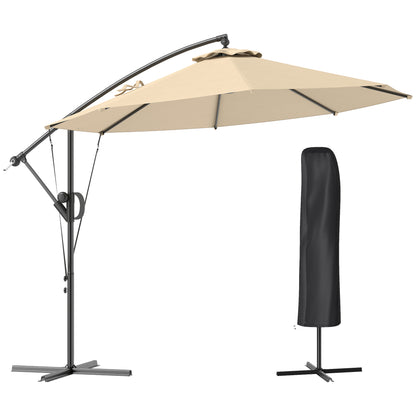 Outsunny 3(m) Parasol ogrodowy z wysięgnikiem z pokrowcem i paskiem chroniącym przed wiatrem, okrągły parasol z korbką i funkcją pochylania, parasol tarasowy typu banan do ochrony przed słońcem na zewnątrz, UPF50+, khaki