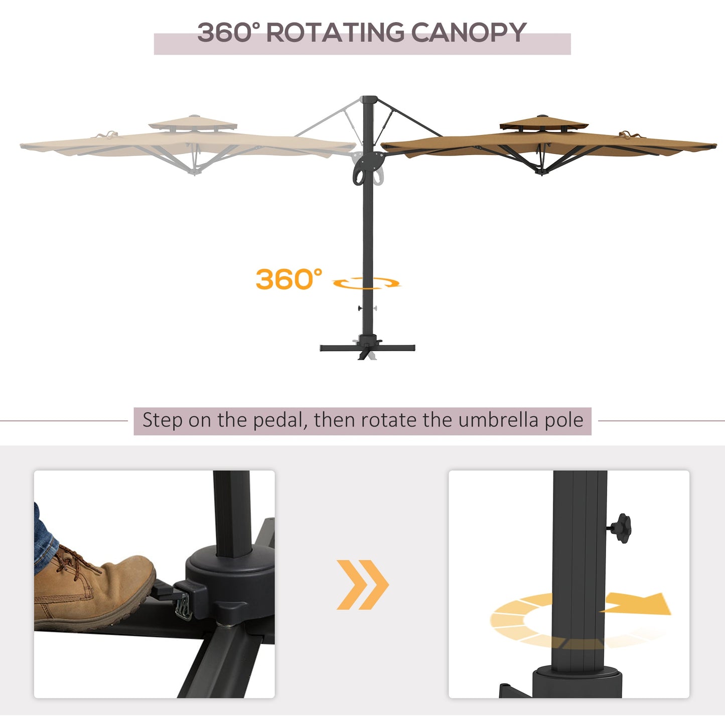 Outsunny Garden Parasol, 3(m) Cantilever Parasol with Hydraulic Mechanism, Dual Vented Top, 8 Ribs, Cross Base, Khaki