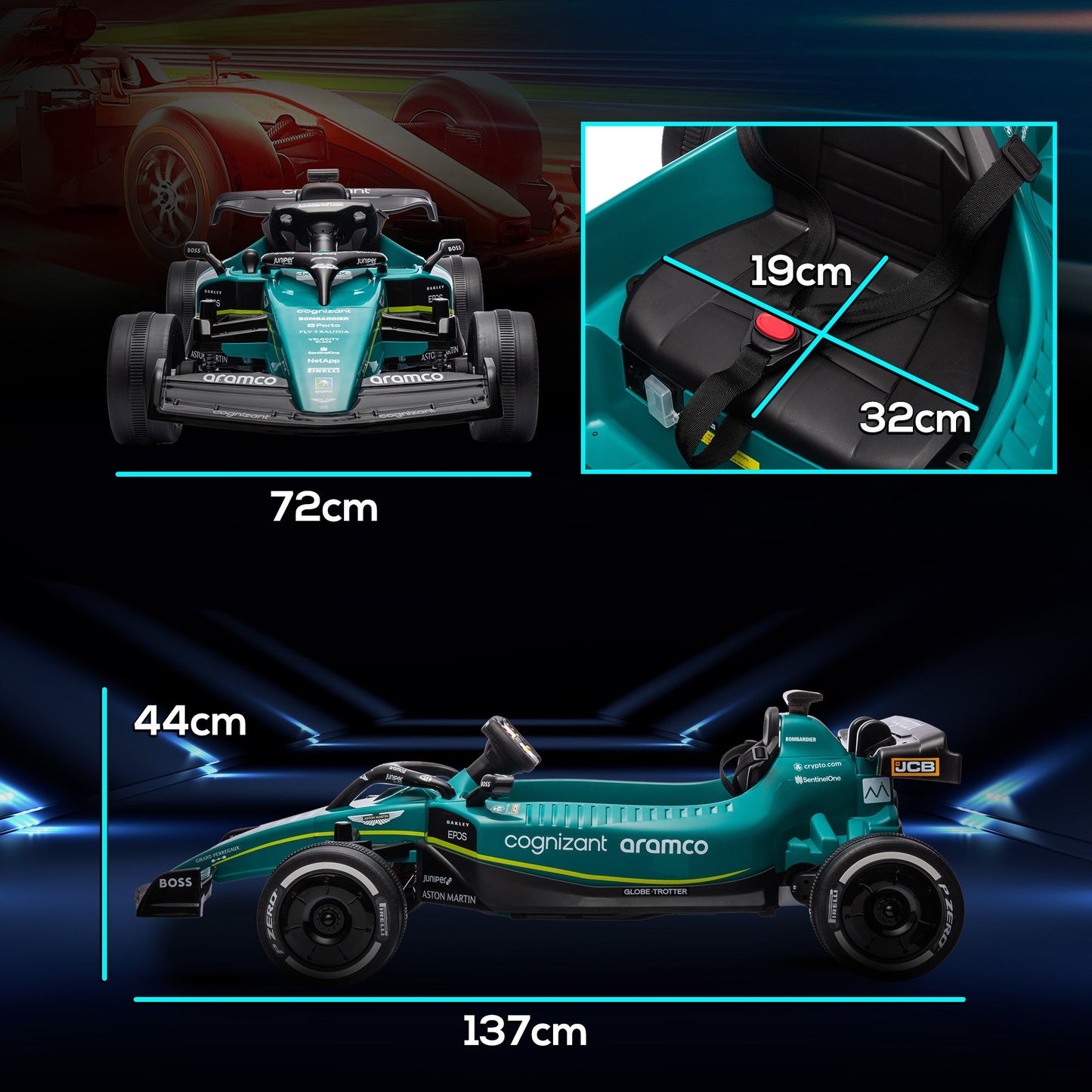 Dziecięcy gokart wyścigowy AIYAPLAY Aston Martin z licencją 12 V, Bluetooth, 4 koła z zawieszeniem, światła muzyczne i klakson, kolor zielony