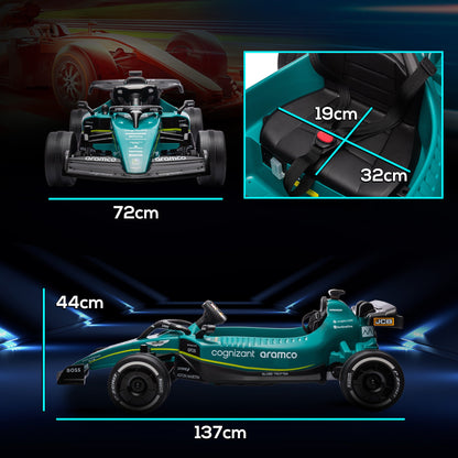 Dziecięcy gokart wyścigowy AIYAPLAY Aston Martin z licencją 12 V, Bluetooth, 4 koła z zawieszeniem, światła muzyczne i klakson, kolor zielony