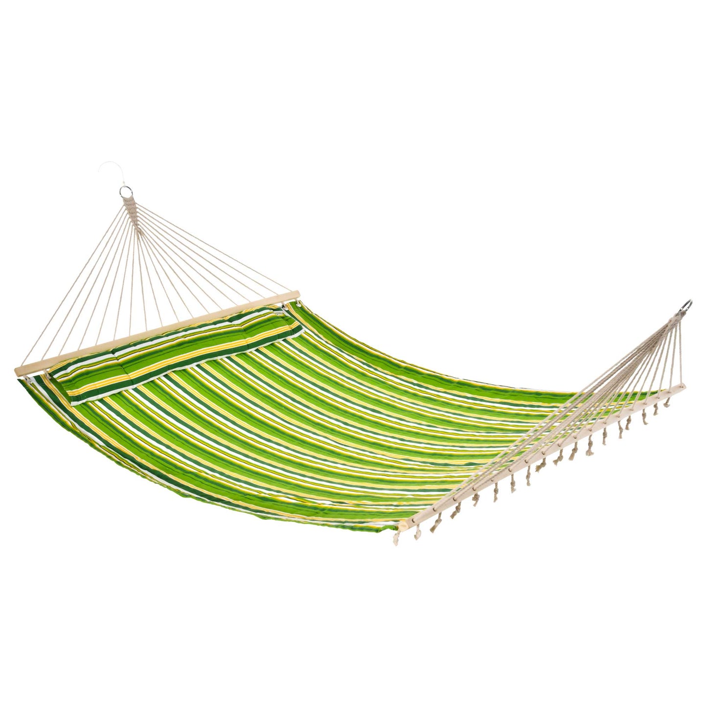 Outsunny Double Cotton Hammock Camping Swing Outdoor Garden Beach Stripe Hanging Bed with Pillow 188L x 140W cm, Green