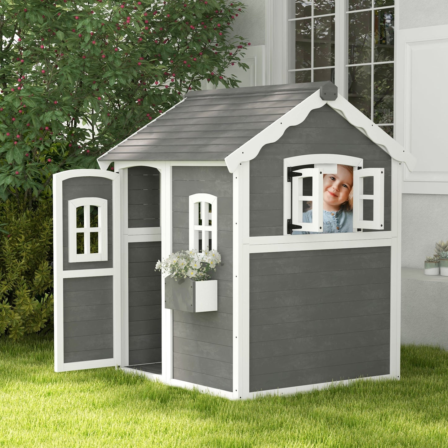 Outsunny Wooden Playhouse for Kids with Doors, Windows, Plant Box, Floors, for 3-8 Years Old, Garden, Lawn, Patio, Grey