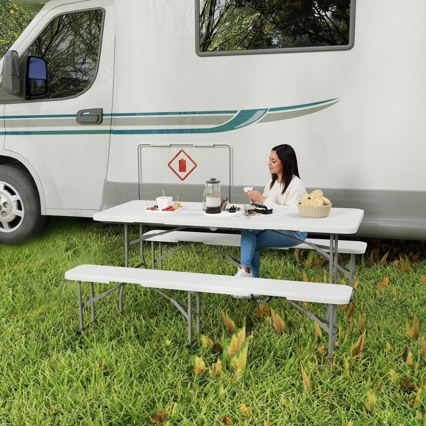 Outsunny Three-Piece Folding Picnic Table and Bench Set - White