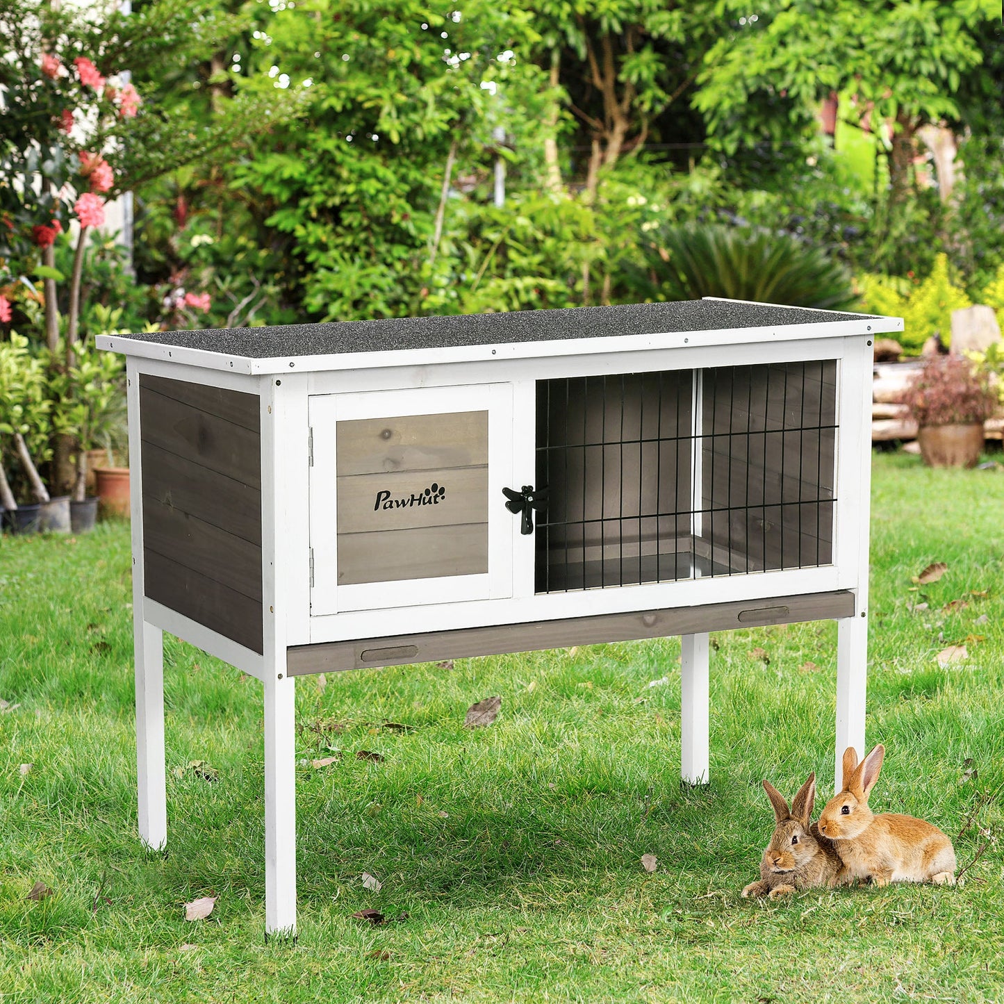 Pawhut Wooden Guinea Pig Hutch Bunny Cage Backyard Built in Tray Openable Asphalt Roof Small Animal House 86 x 45 x 70 cm Brown