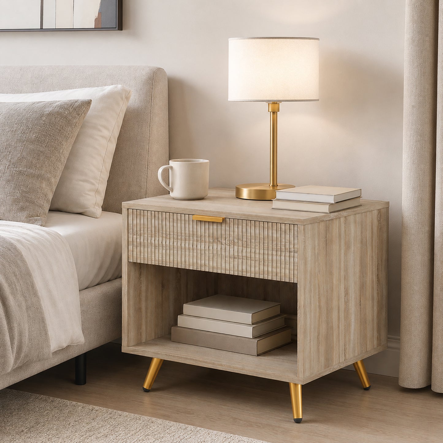 HOMCOM Bedside Table with Drawer and Open Compartment, Nightstand with Handle for Bedroom, Living Room, Natural Wood Finish