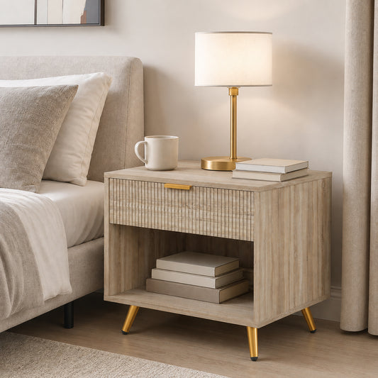 HOMCOM Bedside Table with Drawer and Open Compartment, Nightstand with Handle for Bedroom, Living Room, Natural Wood Finish