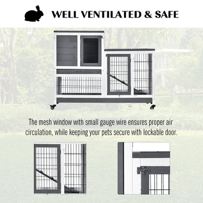 PawHut Wooden Indoor Rabbit Hutch Guinea Pig House Bunny Small Animal Cage W/ Wheels Enclosed Run 110 x 50 x 86 cm, Grey