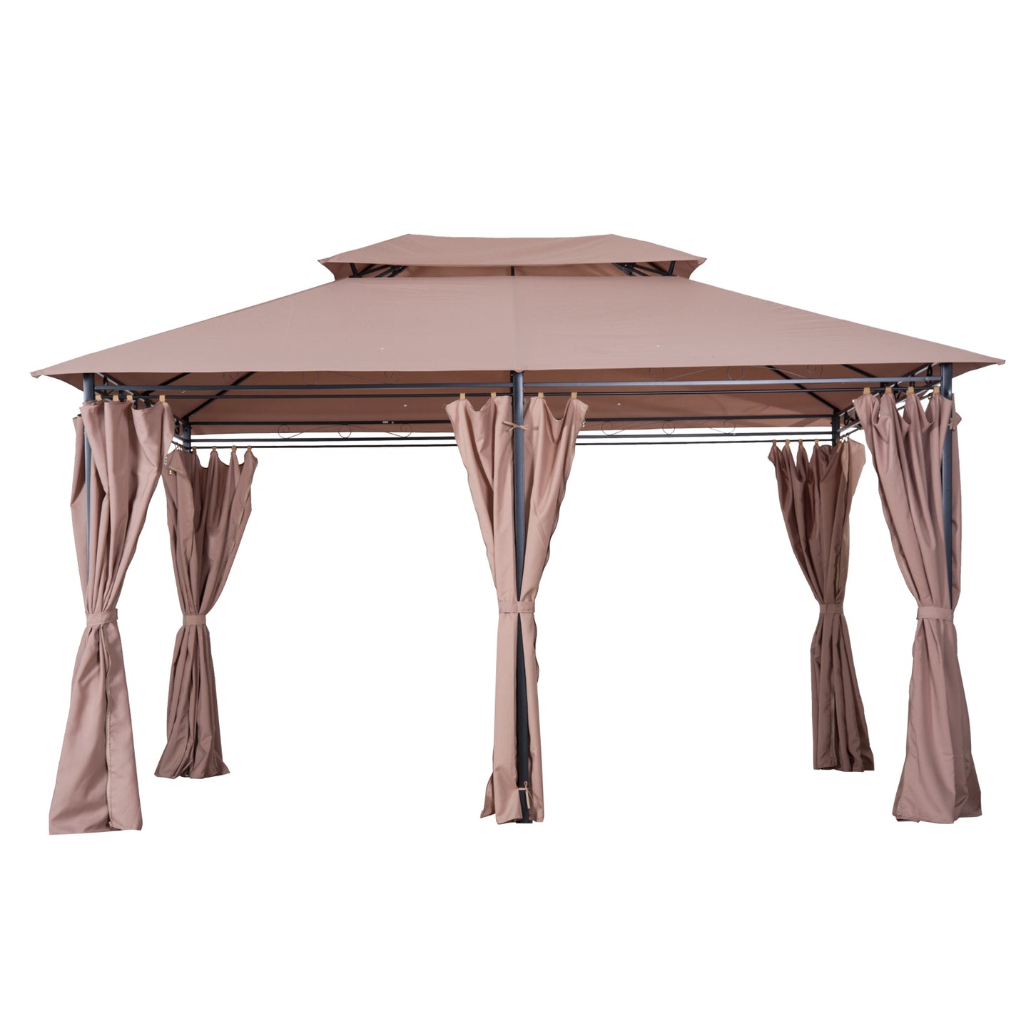 Outsunny 4m x 3(m)Garden Gazebo, Double Roof Outdoor Gazebo Canopy Shelter with Curtains, Solid Steel Frame for Patio, Garden, Brown