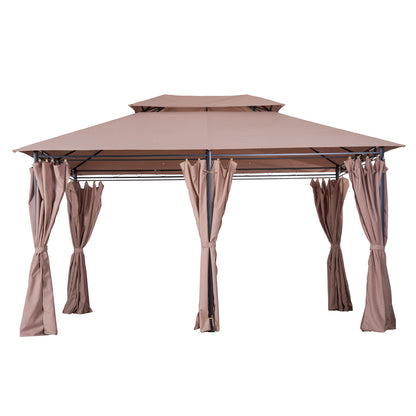 Outsunny 4m x 3(m)Garden Gazebo, Double Roof Outdoor Gazebo Canopy Shelter with Curtains, Solid Steel Frame for Patio, Garden, Brown