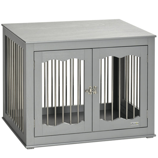 PawHut Dog Crate End Table with Three Doors, Furniture Style Dog Crate for Medium Dogs with Locks & Latches, Grey