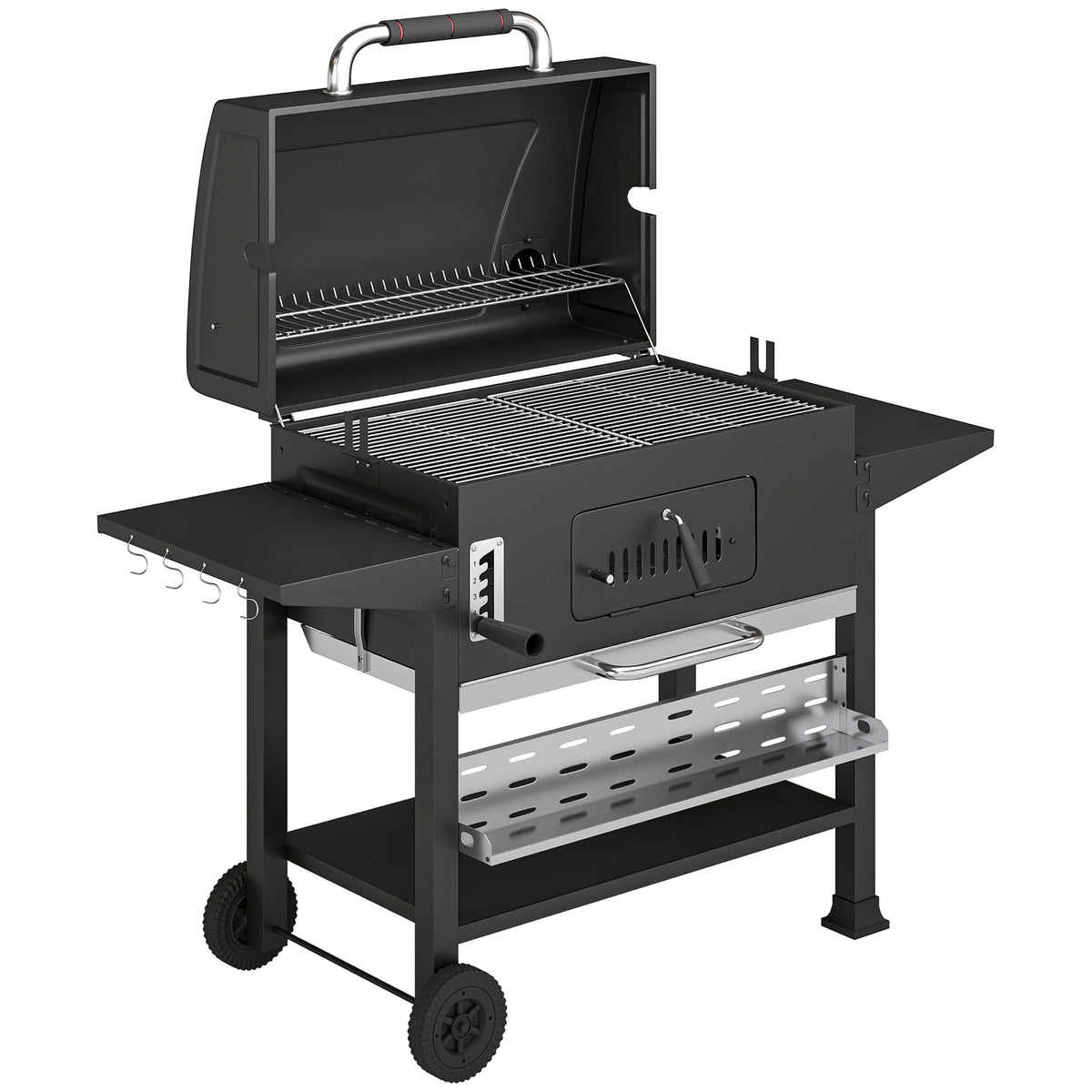 Outsunny Charcoal BBQ Grill Smoker with Electric Rotisserie Kit, Portable Barbecue Grill with Warming Rack, Black