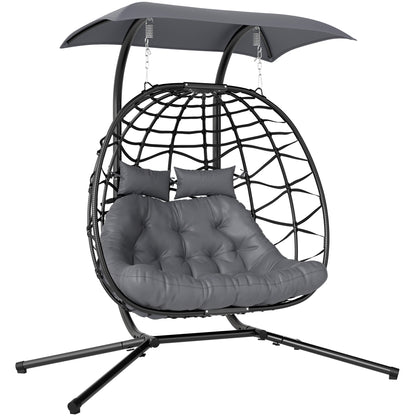 Outsunny Rattan Double Hanging Egg Chair z baldachimem, składany wiklinowy fotel hamakowy Egg z poduszką, poduszkami pod głowę, stojakiem, stalową ramą, fotelem hamakowym do wewnątrz i na zewnątrz, nośność 260 kg, czarny