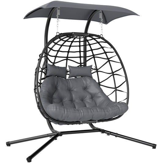 Outsunny Rattan Double Hanging Egg Chair with Canopy, Foldable Wicker Swing Egg Chair with Cushion, Head Pillows, Stand, Steel Frame, Hammock Chair for Indoor Outdoor, Capacity 260 kg, Black