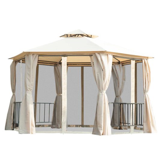 خيمة Outsunny Hexagon Gazebo Patio Canopy Party، مأوى للحديقة في الهواء الطلق مع سقف من طبقتين ولوحة جانبية - بيج