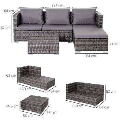 Outsunny 3PC Rattan Garden Furniture Storage Sofa Set 4 Seater Wicker Coffee Table Conservatory Sun Lounger Reclining Set Outdoor Weave z poduszką Grey