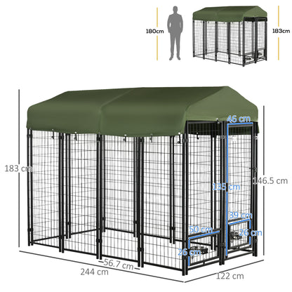 PawHut Outdoor Dog Kennel, with Water-Resistant Canopy, Two Rotatable Bowls - Green