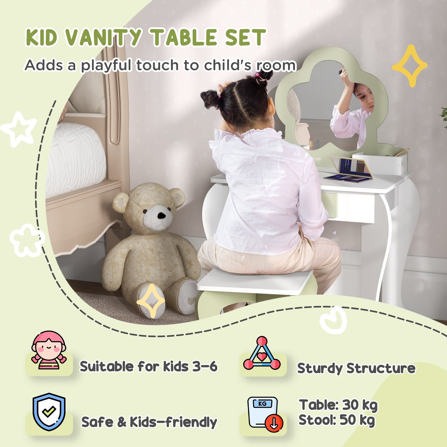 ZONEKIZ 5 Piece Kids Furniture Set Flower Design For 3-5 Years