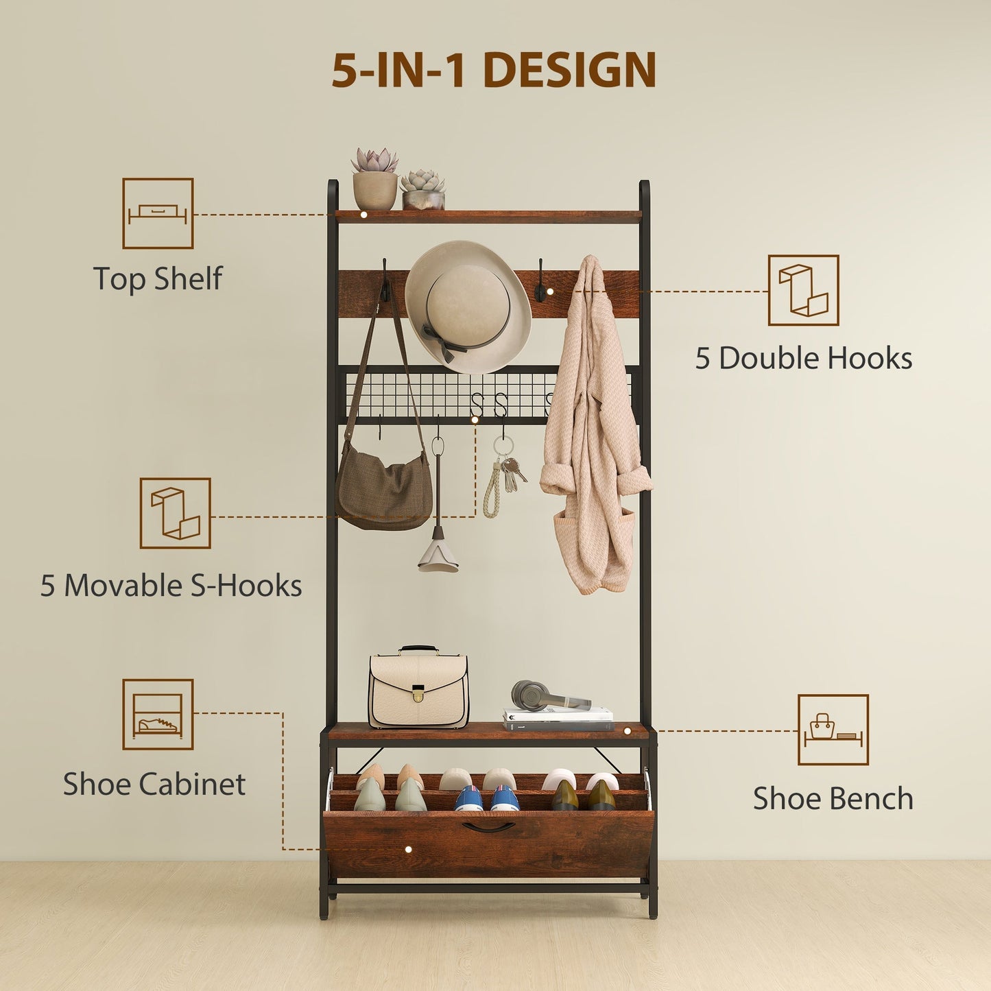 HOMCOM 5-In-1 Industrial-Style Hallway Tree - Brown/Black