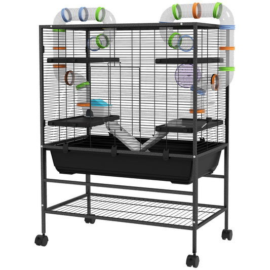 PawHut Large Hamster Cage Gerbil Cage with Tubes, Storage Shelf, Ramps, Platforms, Running Wheel - Black