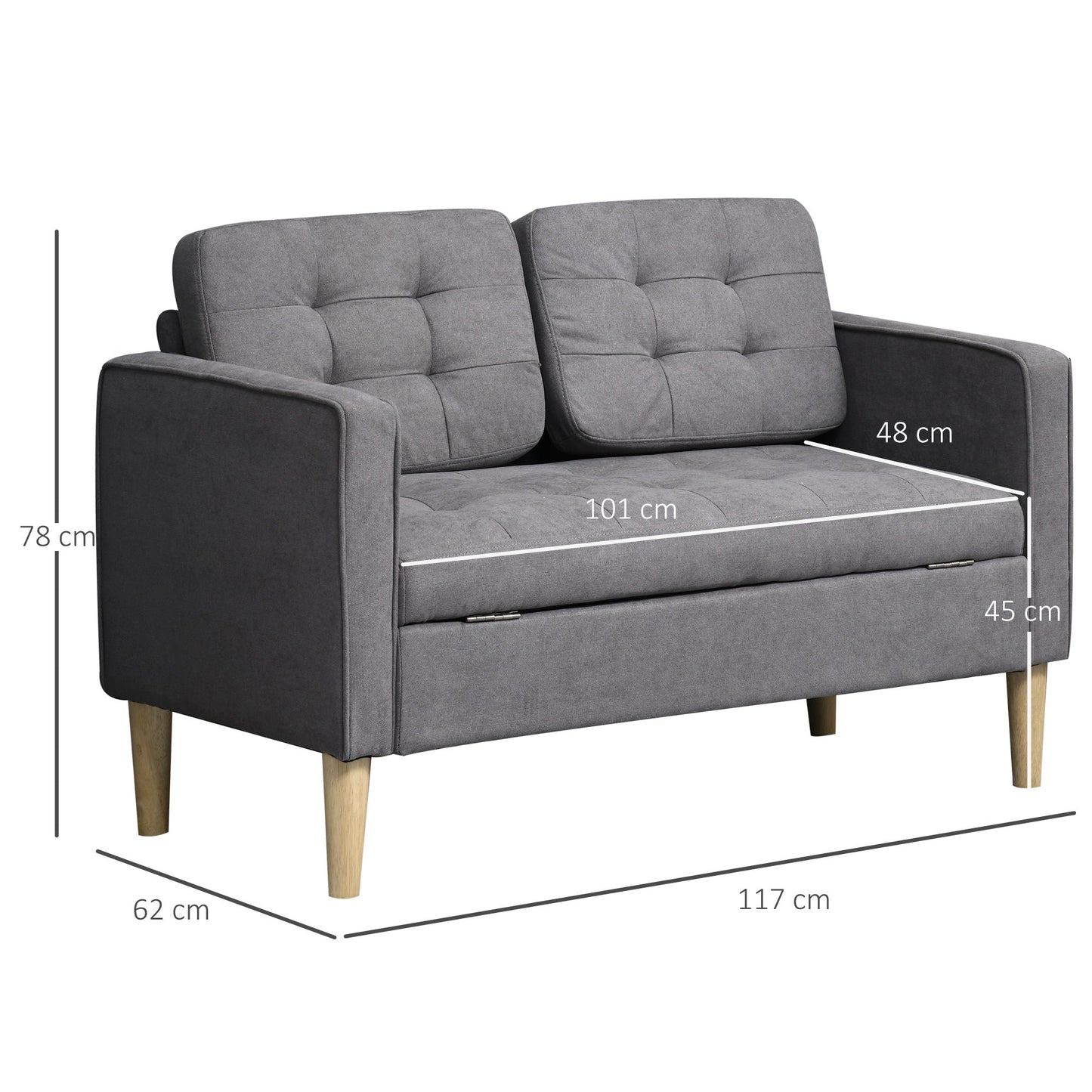HOMCOM Nowoczesna 2-osobowa sofa z ukrytym schowkiem, 117 cm pikowana bawełniana kanapa z drewnianymi nogami, kompaktowa sofa dwuosobowa do salonu, kuchni, szara