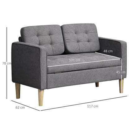 HOMCOM Nowoczesna 2-osobowa sofa z ukrytym schowkiem, 117 cm pikowana bawełniana kanapa z drewnianymi nogami, kompaktowa sofa dwuosobowa do salonu, kuchni, szara
