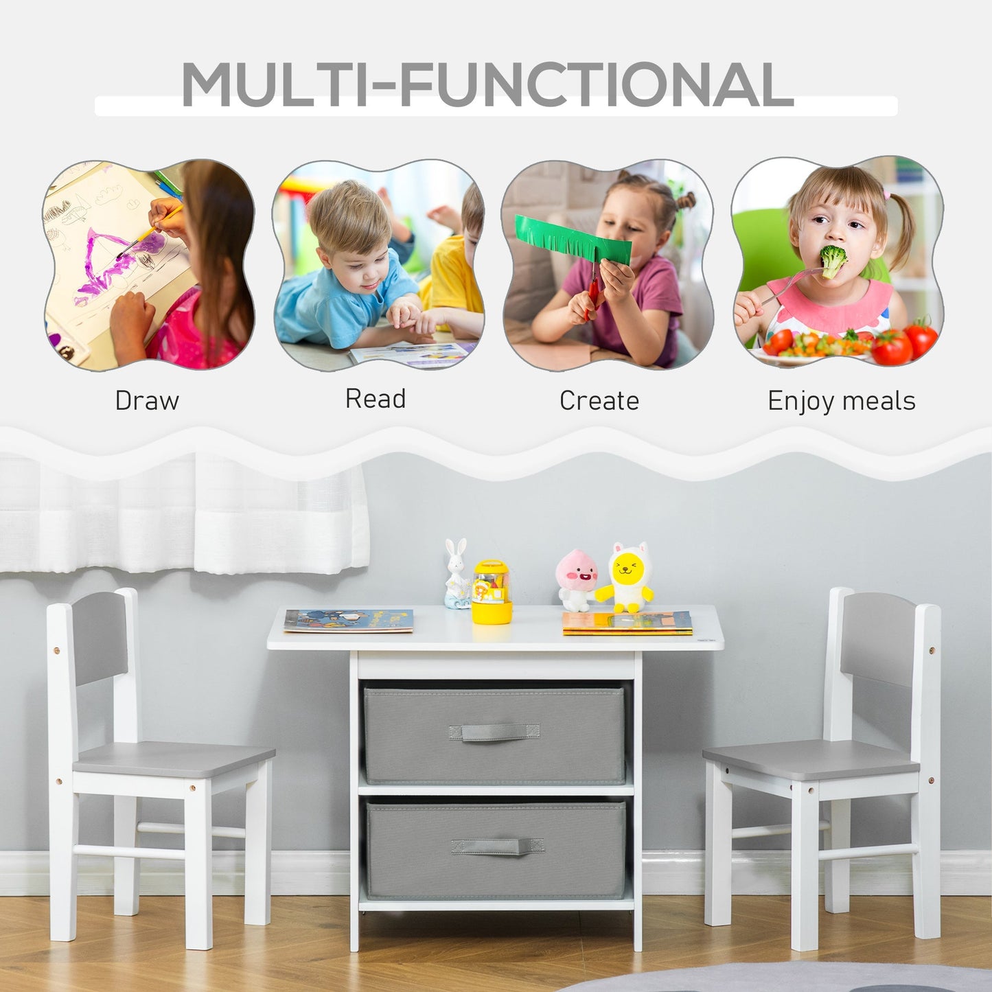 3 Piece Kids Table & Chairs Set Mini Seating Furniture Home Playroom Bedroom Dining Room w/ Storage Drawers Safe Corners for 2-4 Years old White