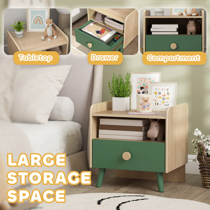 AIYAPLAY Kids Bedside Table with Drawer and Open Storage Shelf, Wooden Nightstand for Bedroom, Bedside Cabinet, Green