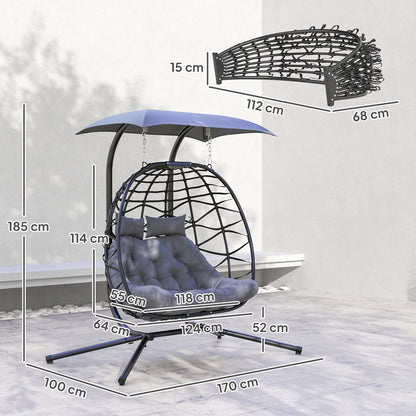 Outsunny Rattan Double Hanging Egg Chair z baldachimem, składany wiklinowy fotel hamakowy Egg z poduszką, poduszkami pod głowę, stojakiem, stalową ramą, fotelem hamakowym do wewnątrz i na zewnątrz, nośność 260 kg, czarny