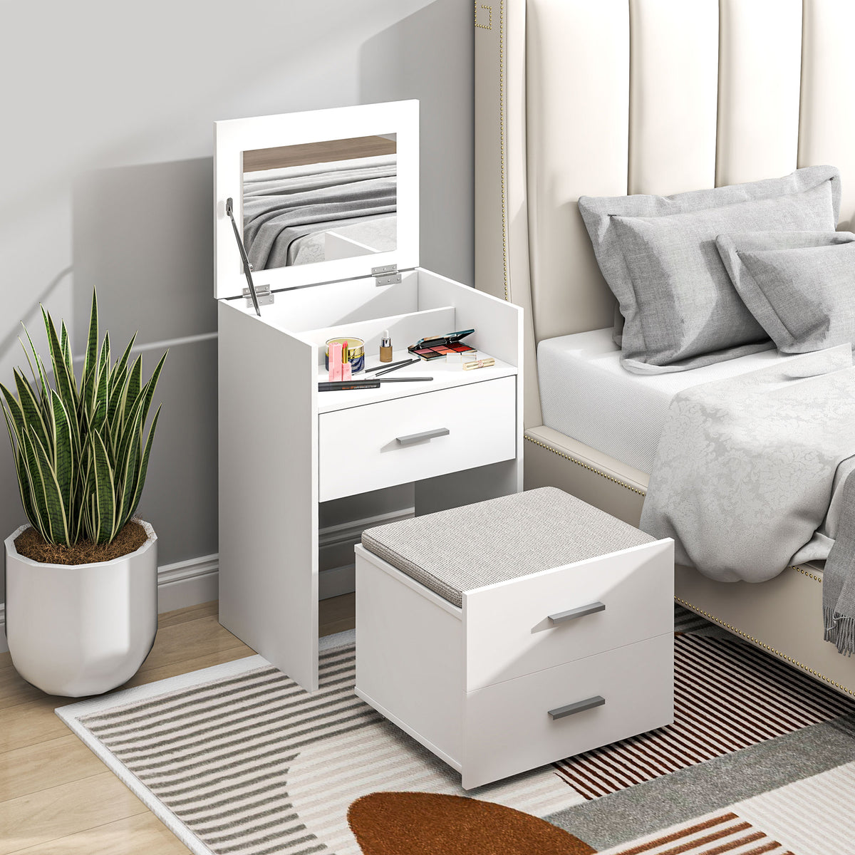 HOMCOM Vanity Desk with Mirror, Modern Dressing Table and Stool w/2 Drawers, Wheels, Flip-Up Mirror, Shelf, White