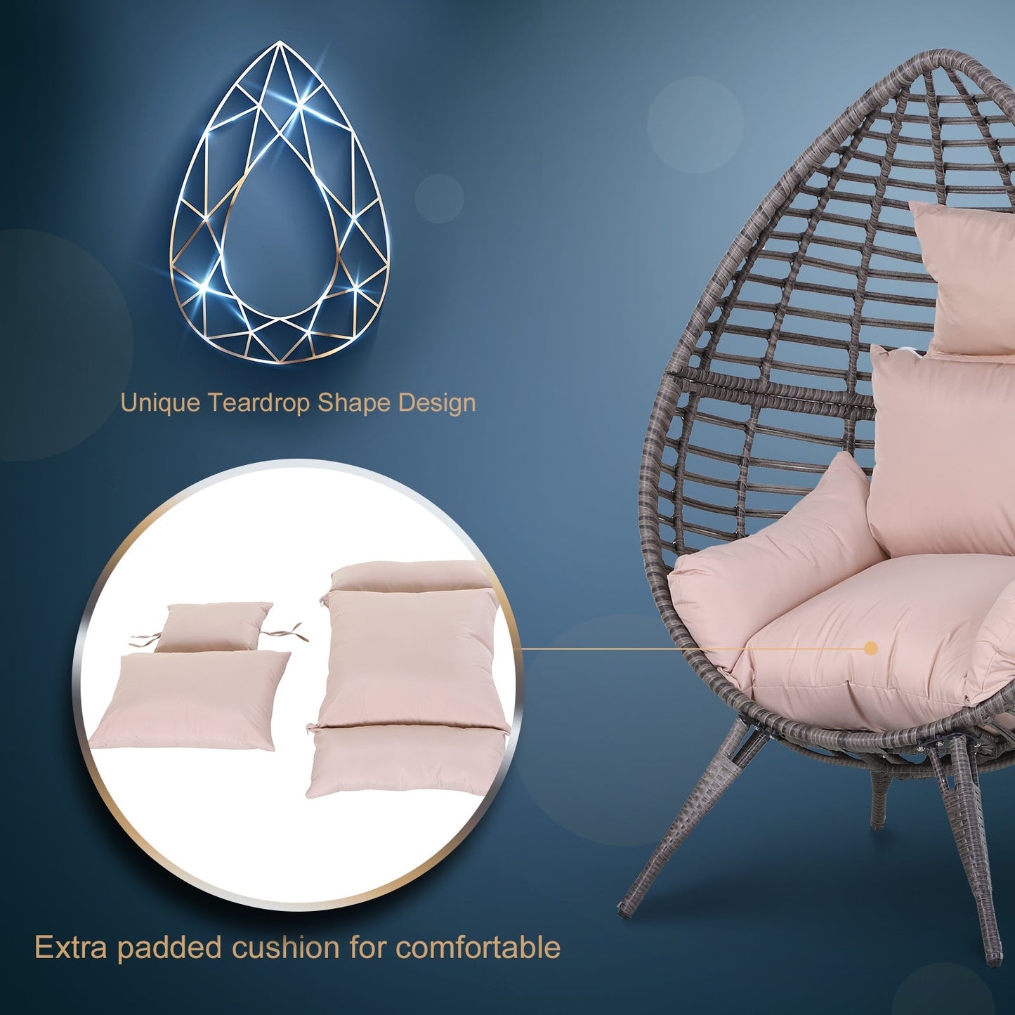 Outsunny Garden Egg Chair, łezkowaty zewnętrzny fotel rattanowy PE z miękką, wyściełaną poduszką na całej powierzchni, szary