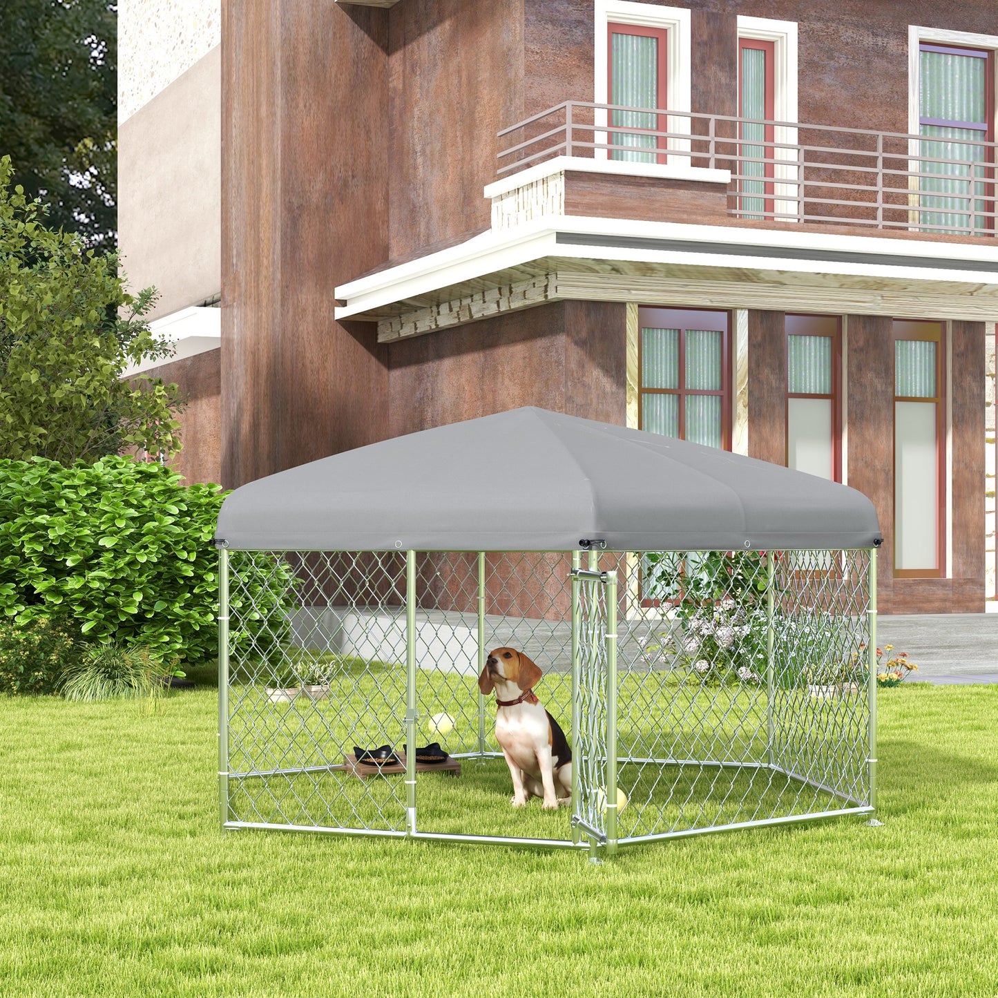 PawHut Dog Kennel and Run z zamykanymi drzwiami, do ogrodu, na patio, taras, dla dużych psów, 2,1 x 1,85 x 1,5 m