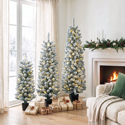 HOMCOM Prelit Snowy Flocked Artificial Christmas Tree Set in Green and White, image 2