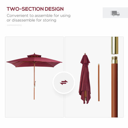 Outsunny 3 x 3(M) Parasol ogrodowy Parasol przeciwsłoneczny, zewnętrzny drewniany parasol z podwójnym baldachimem, bordowy