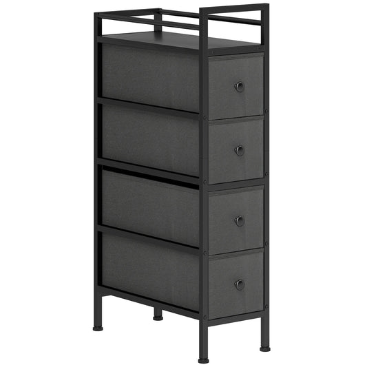 HOMCOM 4 Drawer Fabric Dresser Chest of Drawers, Slim Storage Cabinet with Steel Frame for Small Spaces, Bedroom, Black