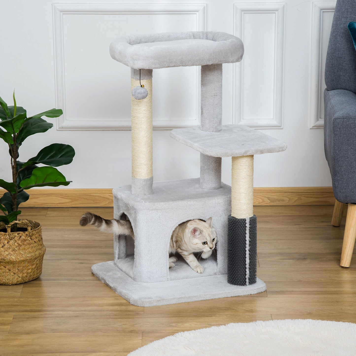 PawHut Cat Tree Tower تسلق مركز الأنشطة أثاث القطط مع لعبة تدليك السيزال بعد الخدش، سرير معلق على شكل كرة، جثم 48 × 48 × 80 سم، رمادي فاتح مع/