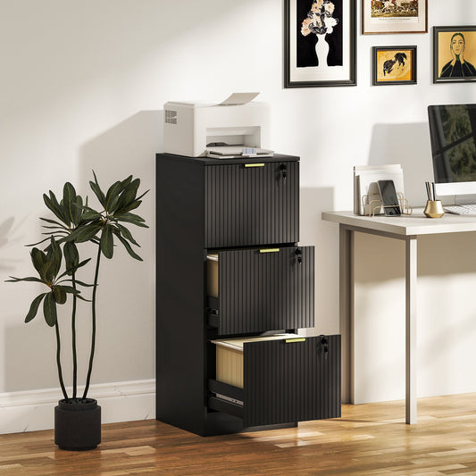 HOMCOM Filing Cabinet, Fluted Vertical File Cabinet with 3 Lockable Drawers and Hanging Rails, Black