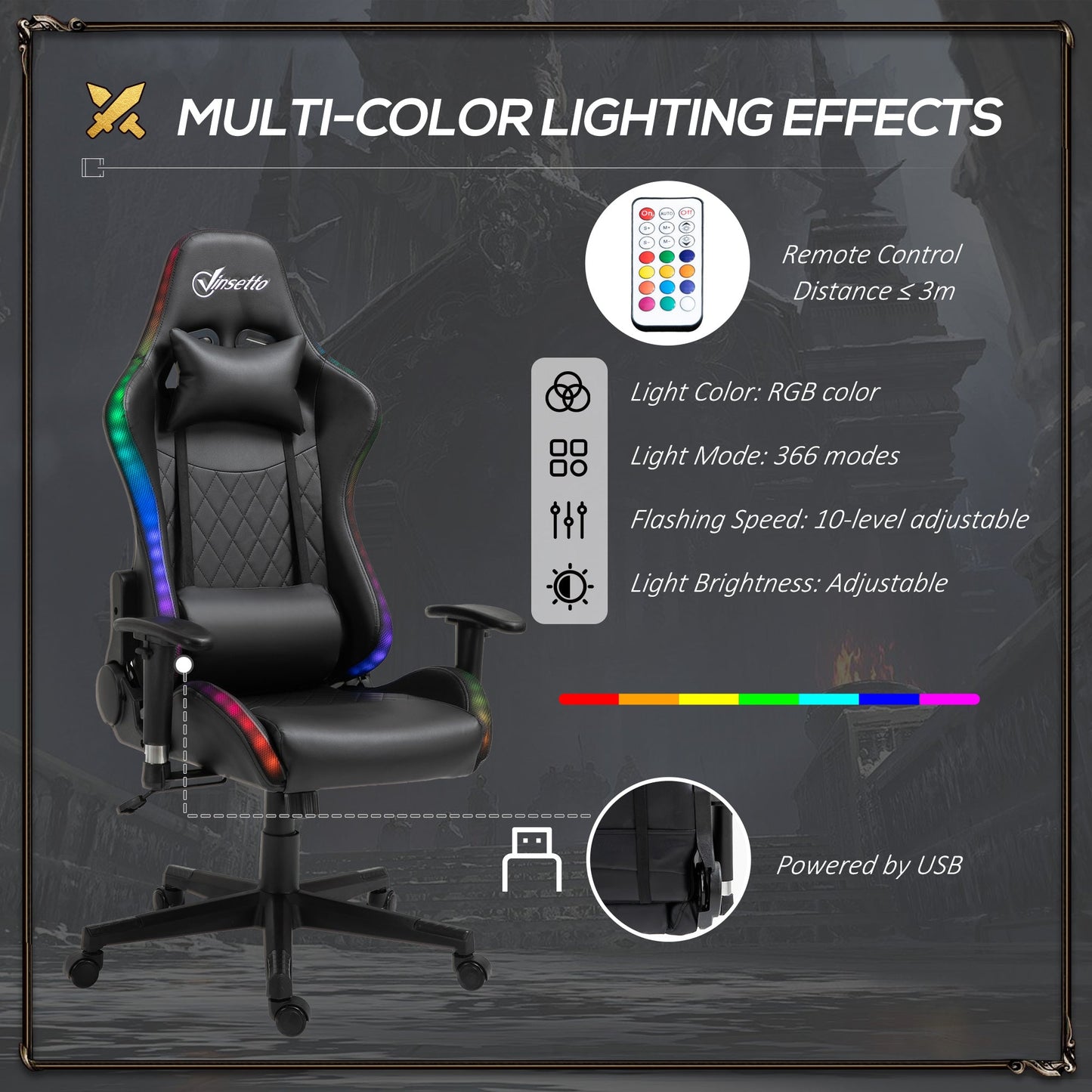 Vinsetto Gaming Chair with RGB LED Light, 2D Arm, Lumbar Support, Height Adjustable Swivel Office Computer Recliner, Racing Gamer Desk Chair for Home, Black