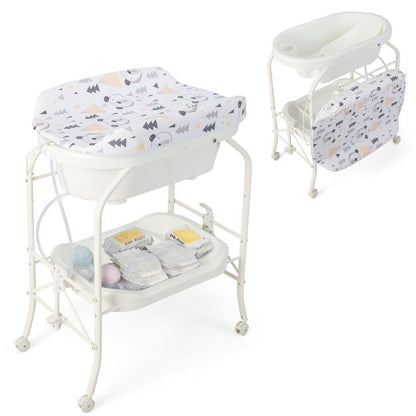 2-in-1 Baby Change Table with Bathtub and Folding Changing Station-White