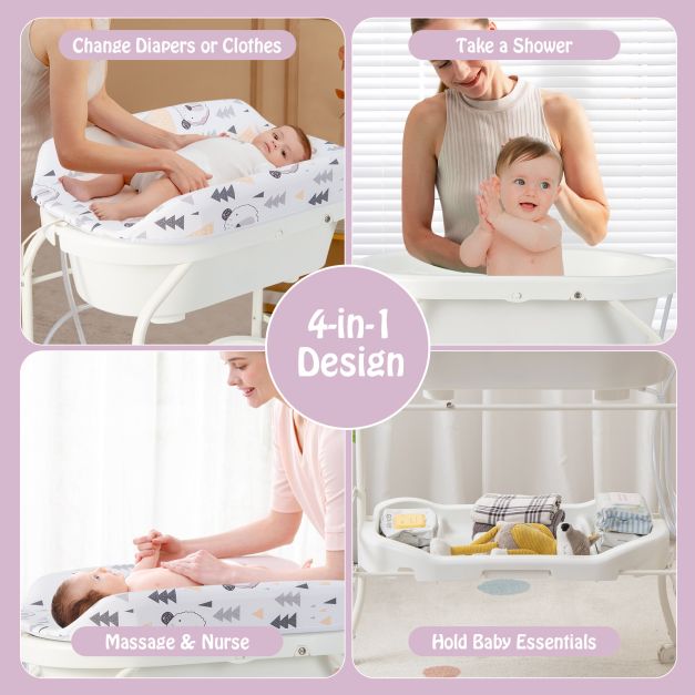 2-in-1 Baby Change Table with Bathtub and Folding Changing Station-White