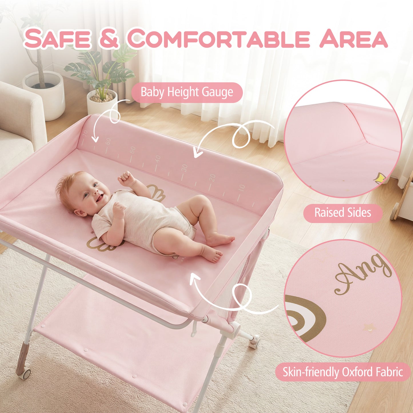 Diaper Changing Station with 3 Position Adjustable Level and 4 Universal Wheels-Pink