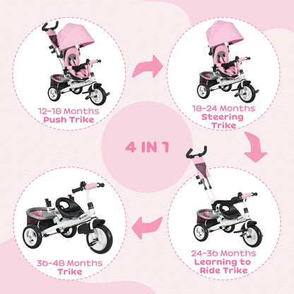 4 in 1 Kids Trike Push Bike w/ Push Handle, Canopy, 5-point Safety Belt, Storage, Footrest, Brake, for 1-5 Years, Pink