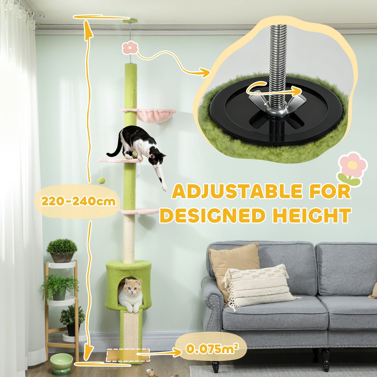 PawHut 220-240 cm Floor to Ceiling Cat Tree Adjustable Height with Hammock, Condo, Scratching Posts, Green
