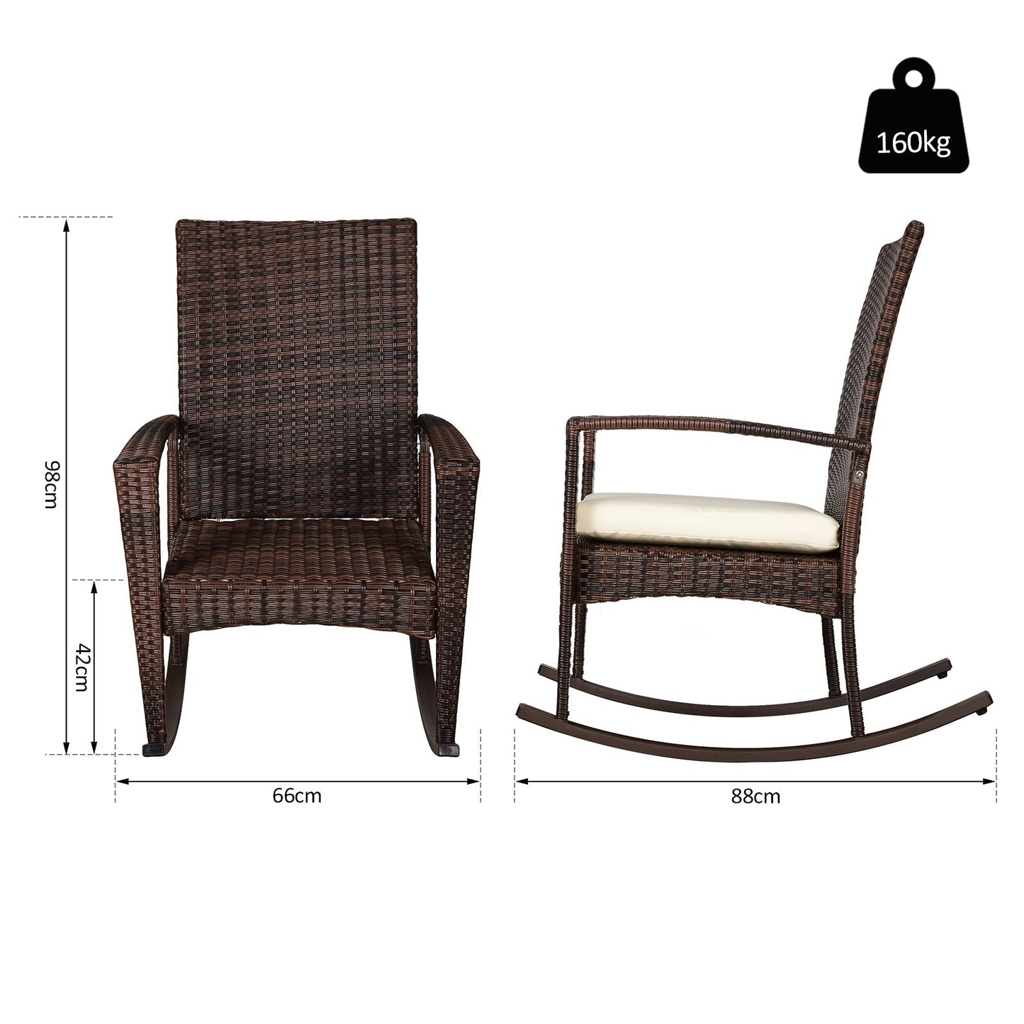 Outsunny Rattan Rocking Chair Rocker Garden Furniture Seater Patio Bistro Relaxer Outdoor Wicker Weave with Cushion - Brown