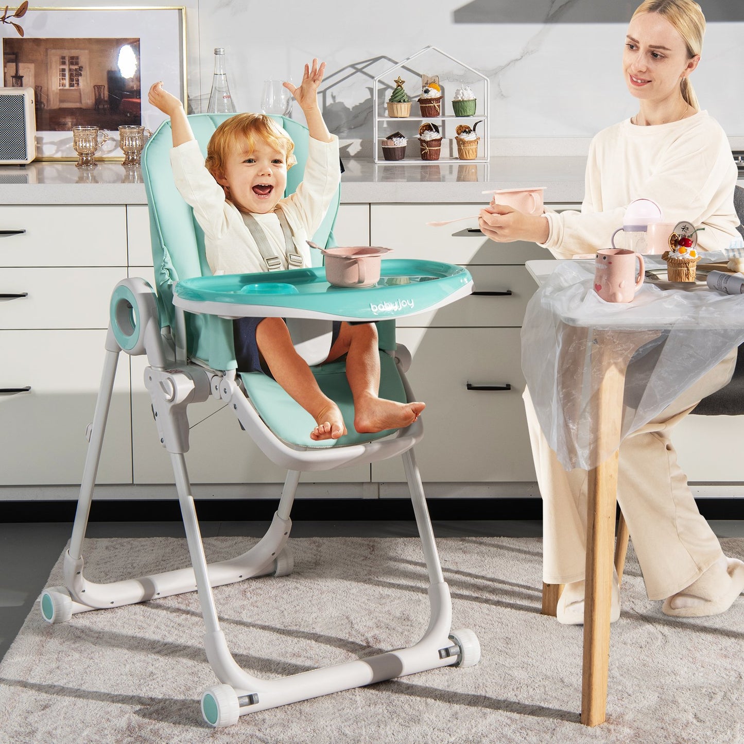 Folding Baby High Chair with Lockable Wheels and Removable Trays and Cushion-Green