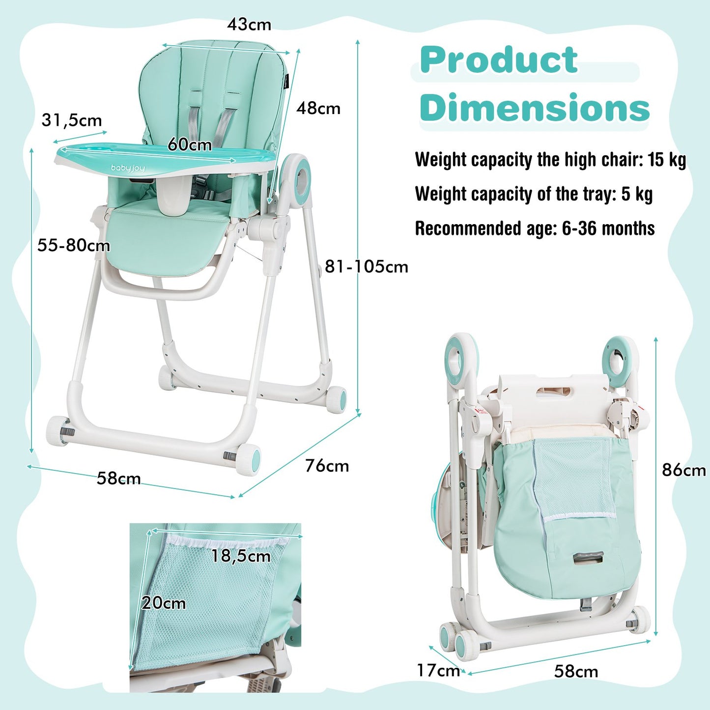 Folding Baby High Chair with Lockable Wheels and Removable Trays and Cushion-Green