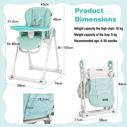 Folding Baby High Chair with Lockable Wheels and Removable Trays and Cushion-Green