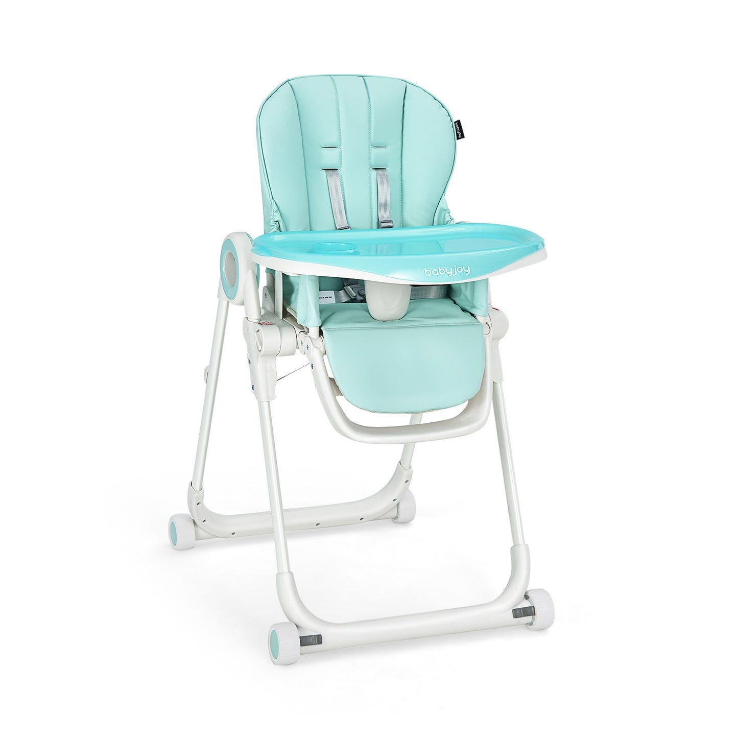Folding Baby High Chair with Lockable Wheels and Removable Trays and Cushion-Green
