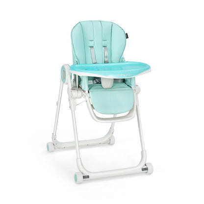 Folding Baby High Chair with Lockable Wheels and Removable Trays and Cushion-Green