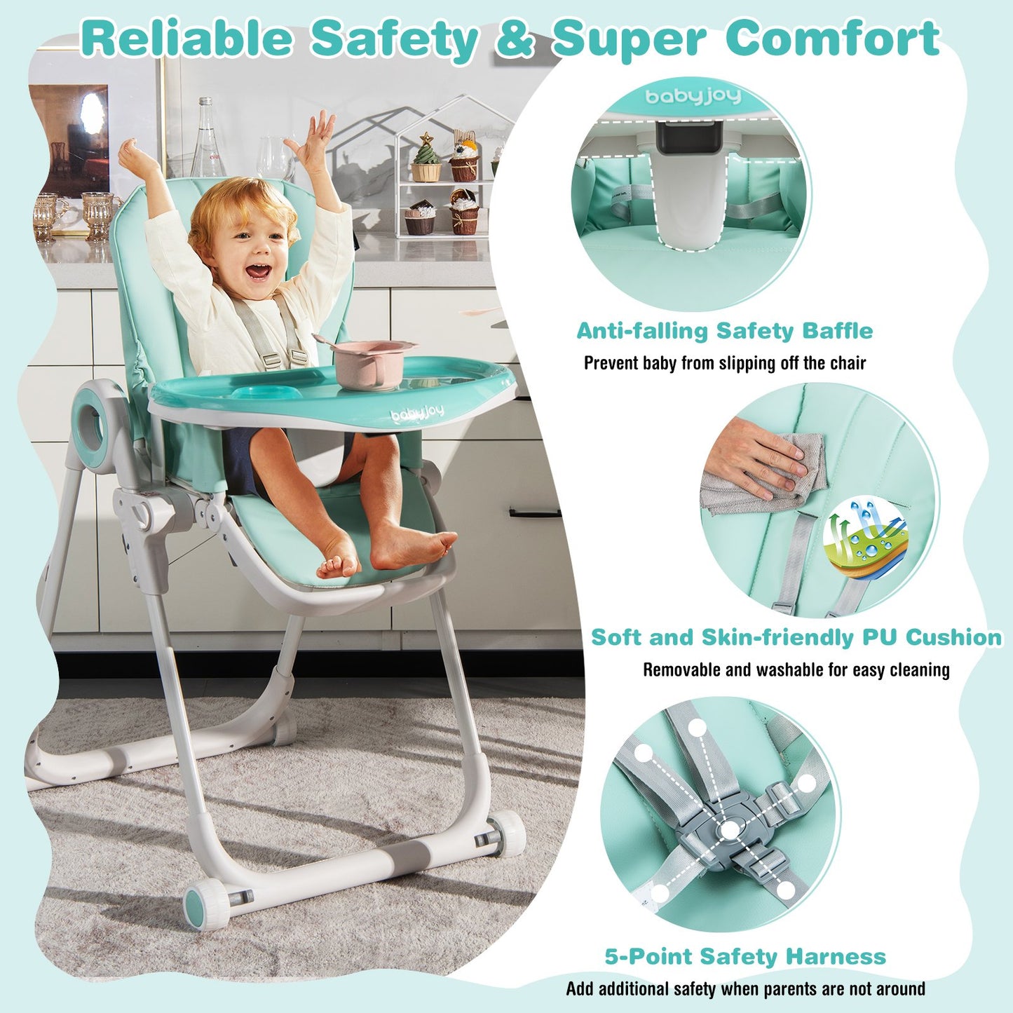 Folding Baby High Chair with Lockable Wheels and Removable Trays and Cushion-Green